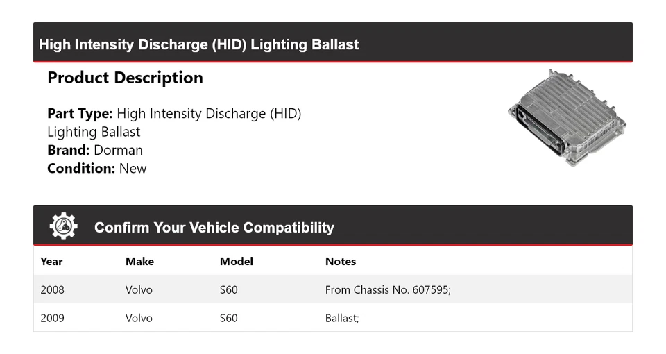 Балласт освещения высокой интенсивности разрядный (HID) для Volvo S60 Dorman 2008-2009 годов выпуска - Изображение 2 из 4
