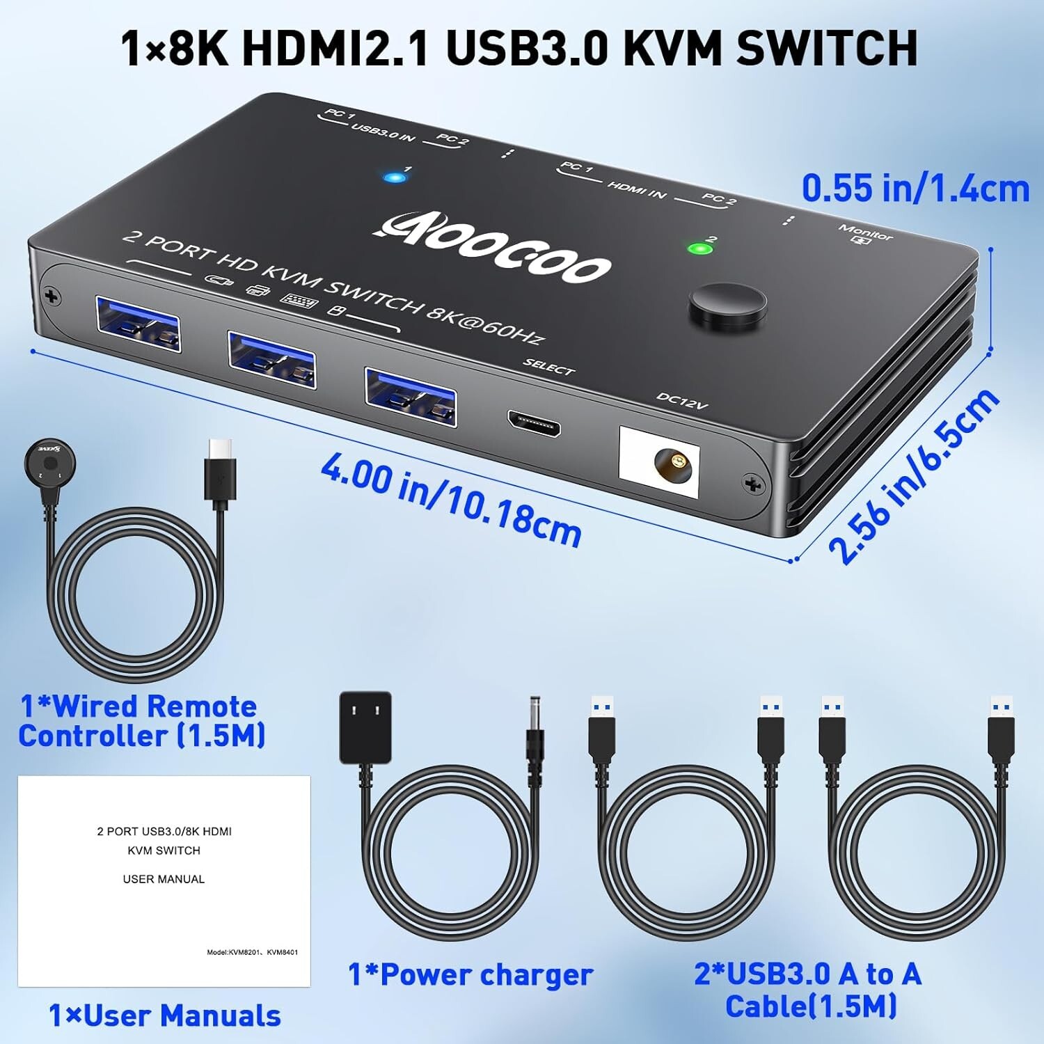 Commutateur KVM HDMI 8K 60Hz haut de gamme en aluminium pour double ordinateur