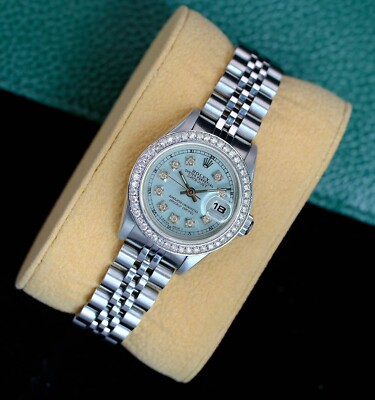 Rolex Ladies Datejust 69174 Blue Dial 18K White Gold Steel