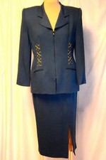 Vtg Criscione for Cache Teal Rayon/Wool Maxi Midi Skirt Jacket/Crystal Suit-M