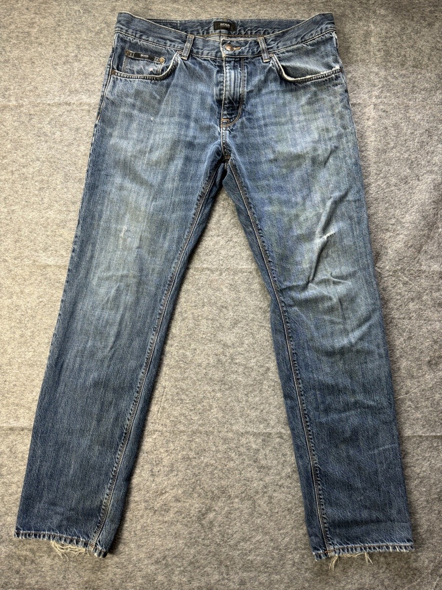 Hugo Boss Maine Jeans Mens 34x32 Blue Regular Fit Straight Leg Distressed  Pants