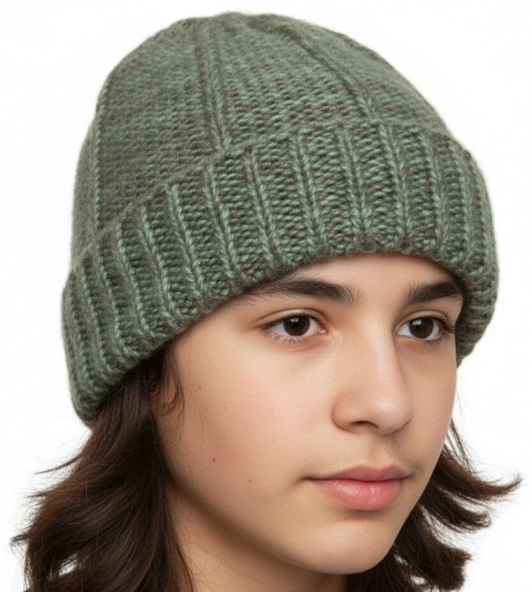 Ahlens Teen Youth Green Marl Knit Beanie Hat Ribbed Texture Winter Cap NWT