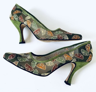 Todd Oldham Times 7 Embroidered Mesh Vintage Suede Heels Shoes EU 7.5 B Unworn