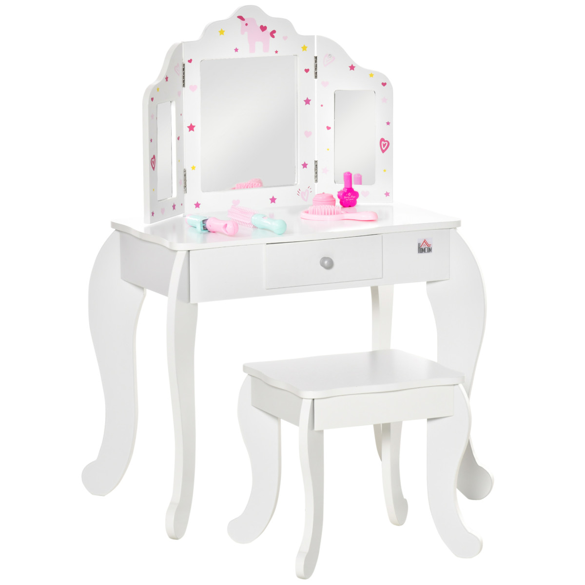 Rackhams Girls Kids Vanity Table & Stool Dressing Set W/ Rotatable Mirror Drawer - Image 2