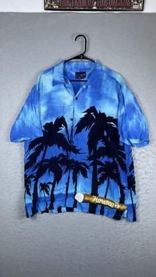 F.A.D. Shirt Mens Large Blue Palm Tree Hawaiian Short Sleeve Button Havana