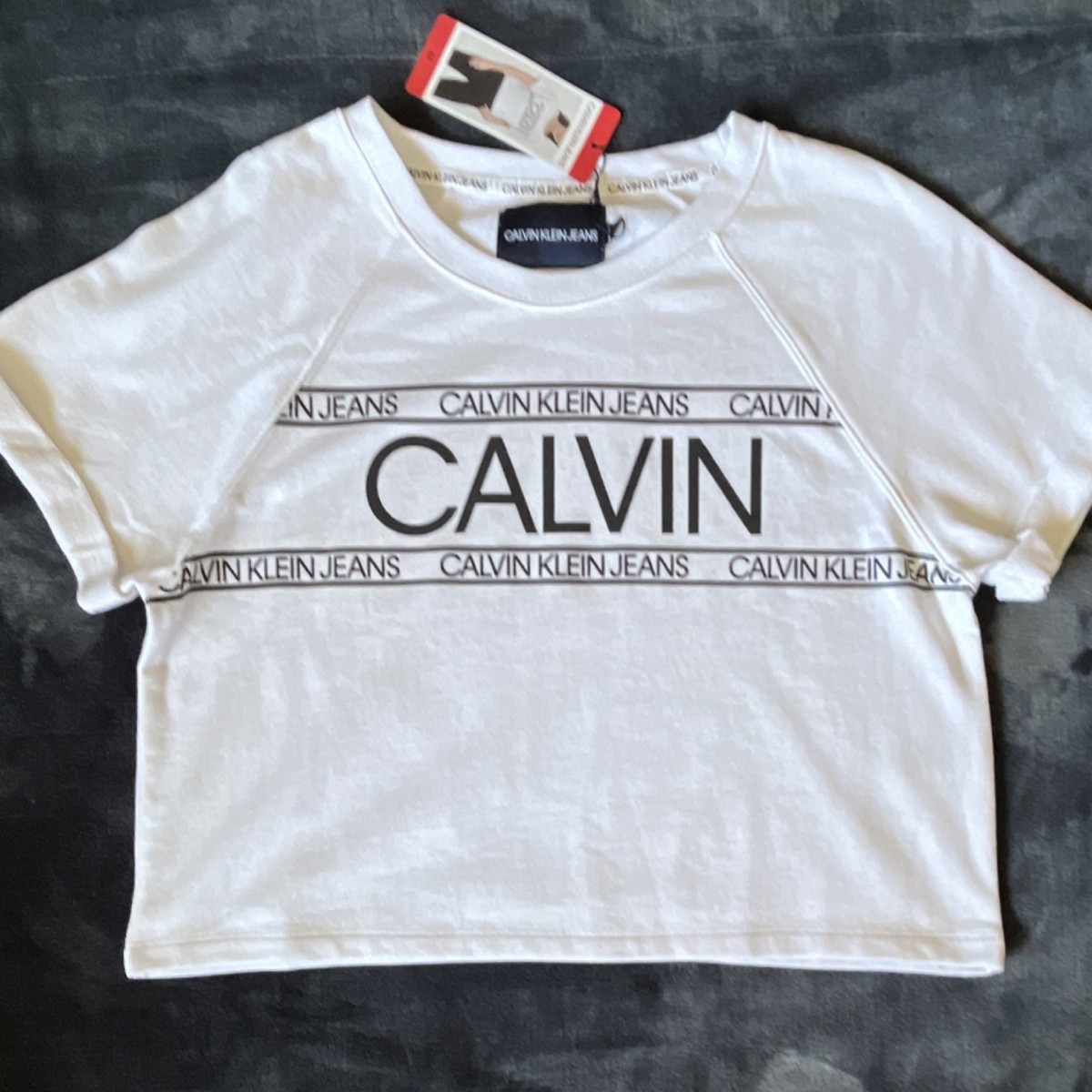 Calvin Klein Jeans Cropped Logo Short Sleeve T-Shirt White Size M 