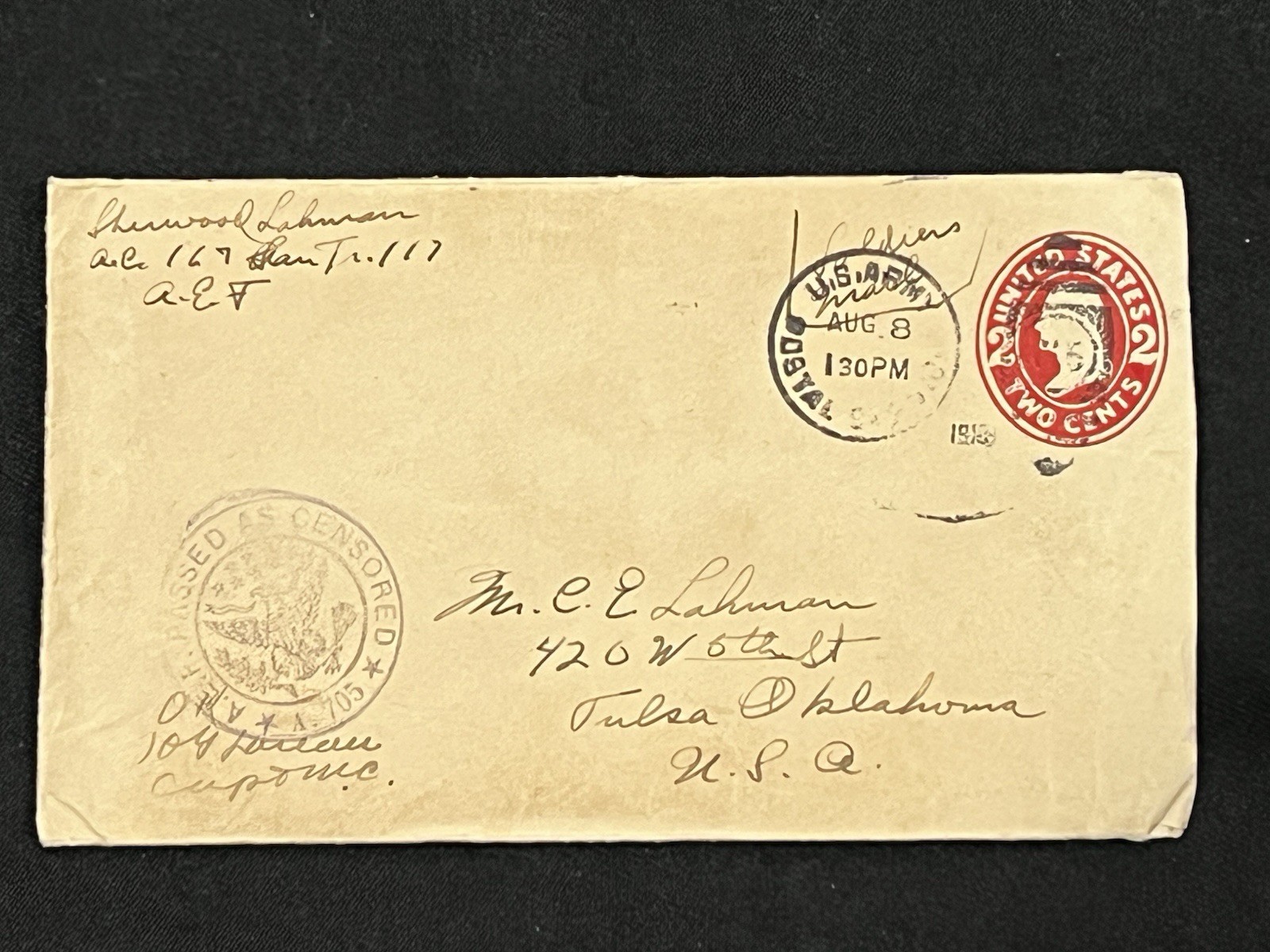 WWI AEF US Army Postal Service Censored Cover France To Tulsa Oklahoma 1918