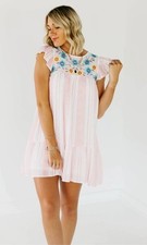 Anthropologie Perch By Blu Pepper Womens Striped Small Dress Floral Embroidery