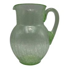 Uranium Crakle Glass Pitcher Large Green Blenko Style