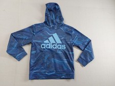Adidas Boy Sweatshirt L Blue Camo Tech Fleece Hoodie Long Sleeve 100 Polyester
