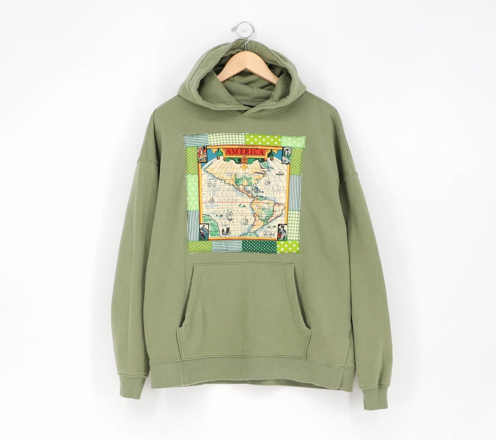 Upcycled Reworked Quilted Patchwork 'America' Map Green Sweatshirt Hoodie