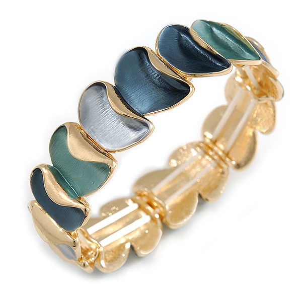 Teal/ Grey/ Blue Enamel Curly Oval Cluster Textured Flex Bracelet In Gold Tone