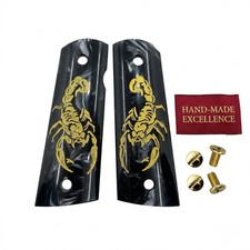 1911 Full Size Grips Black Pearl Acrylic Gold Scorpion Engraved With Gold Screws