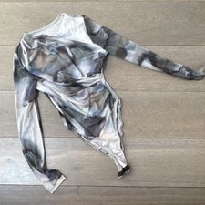 Women's Long Sleeve Abstract Bodysuit Stretch Semi-Transparent Gray Black White