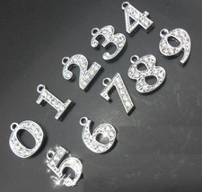 20pcs 0-9 Silver Number Charms - 15mm Rhinestone Digit Pendants for Craft