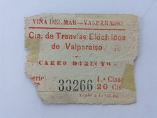 1930s vintage VALPARAISO CHILE RAILWAY TICKET vina del mar TRAIN TROLLEY SUBWAY