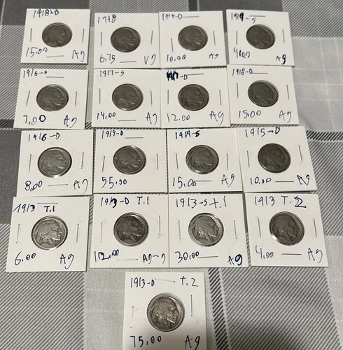 Buffalo Nickel Lot Of 17 (Key Dates) (1913-1919) |Ag-Vg Details