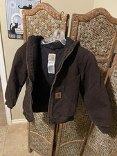 Vtg Carhartt Youth YYJ130 DKB Canvas Full Zip Jacket Hooded Chore Work Coat M 8 