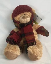 St. Jude 2006 HugFun 17” Plush Tan Teddy Bear Red Plaid Hat Scarf Mittens New