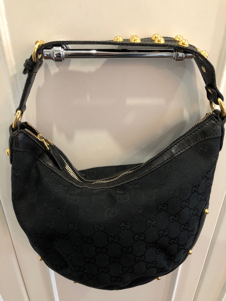 Gucci Half Moon Handbag Hobo Black Gucci Canvas Gold Studs Gucci Half Moon Handbag Hobo Black Gucci Canvas Gold Studs