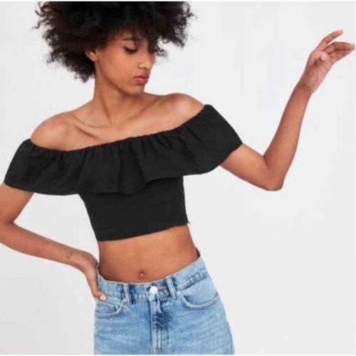 Zara Black Ruffle Crop Top Smocked Cotton Poplin Women's Size Small | eBay