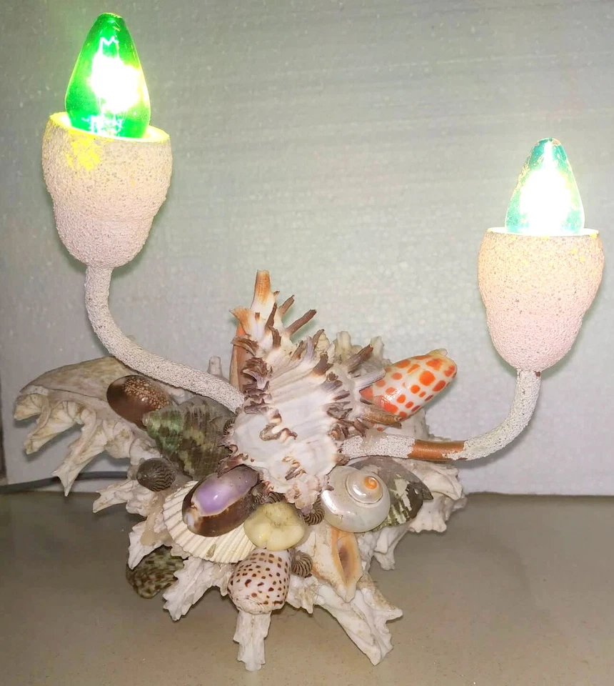 Conchas de playa vintage concha nocturna mar decoración hecha a mano 2 luces náuticas Foto 2 de 4