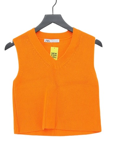 Zara Damen Pullover S orange Baumwolle mit Polyamid, Viskose V-Ausschnitt Weste