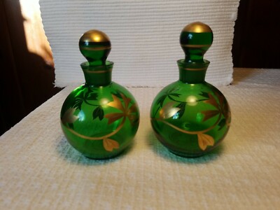 Green Glass Gold Embossed Iris Perfume Bottles Germany 1945-1955 PERFECT 