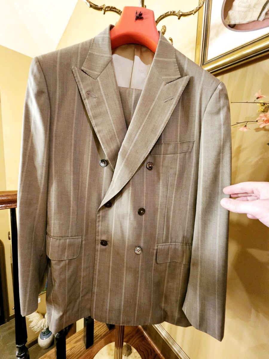 Isaia Men Light Grey/Tan Double Breasted Striped Suit Handmade