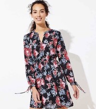 LOFT Dress Size 8 Womens Long Sleeve Floral Boho Fit Flare Knee Length Black