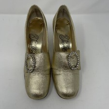 Thom McAn Low Heel Pumps Gold with Rhinestone Buckle Size 7 1970s Vintage
