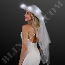 Light Up Flashing Cowgirl Hat With Veil - White, Bridal Shower Wedding Parties