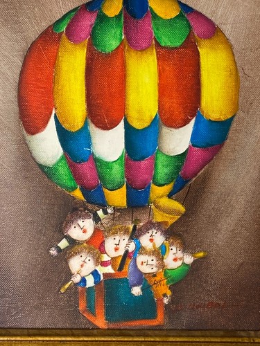 Joyce Roybal Oil Painting On Canvas Children In Hot Balloon Textured Cartoonish - Picture 7 of 16