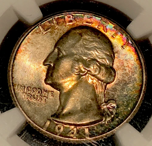 CERTIFIED 1941-s Washington Quarter , NGC MS 64 Rainbow Tone!! 🌈 ⭐️ Amazing