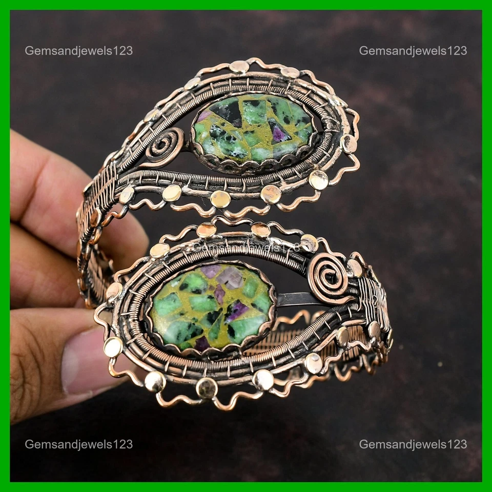 Brazalete envuelto en alambre de zoisita rubí cobre natural oferta del día de la mujer joyería cobre Foto 3 de 4