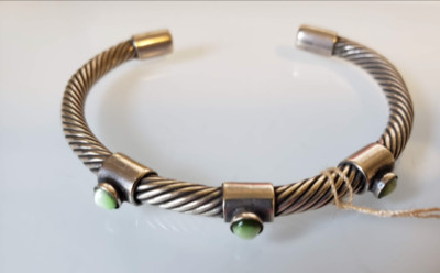 Sterling Silver Bangle with Green Cats Eye Stones