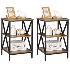 Set of 2 End Tables X Design Metal Frame Storage Shelves Brown 3-Tier Side Table