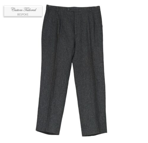 Men's Tailored Gray Herringbone Flat Front 100% Winter Wool Heavy Dress Pants 34