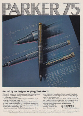 1973 Parker 75: First Soft Tip Pen Designed for Giving Vintage Print Ad