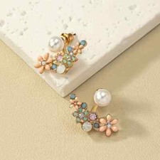 Flower Design With Faux Pearl Shiny Rhinestone Decor Elegant Stud Earrings Zinc