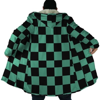 kimetsu na Classic Green Check Fleece Hooded Cloak Coat Apparel 2024