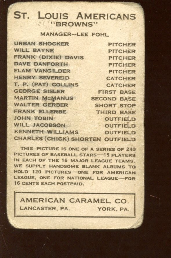 1922 American Caramel E122 Baseball Card Urban Shocker St. Louis Browns