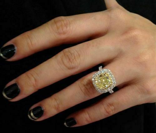 3.90Ct Yellow Cushion Cut Lab-Created Diamond Halo Engagement Ring 14K W/Gold - Picture 1 of 2