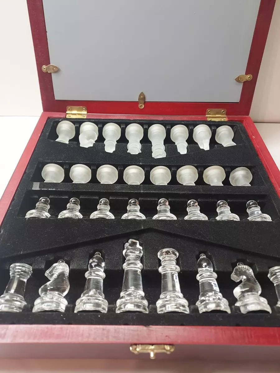 15 Black and Frosted Glass Chess Set with Mirror Board