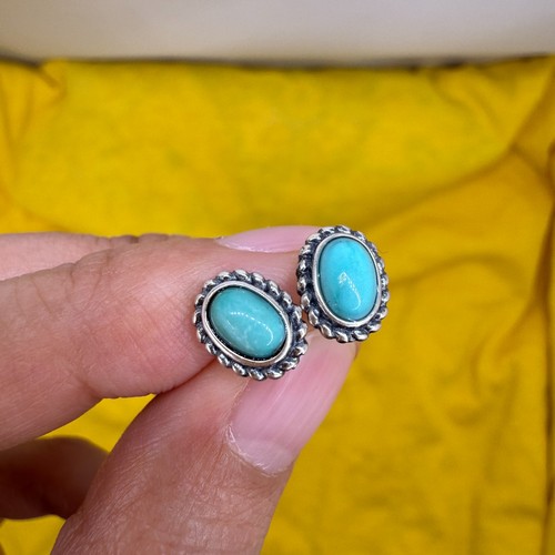 925 Sterling Silver Earrings Blue Turquoise 7x5mm Oval Natural Gemstone Jewelry - Picture 9 of 12