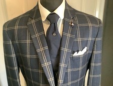 Mens Three Piece Suit Navy Blue Check by Cavani C 46 R 40 W 32.5 L Slim Fit