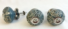 Ceramic Drawer Pulls Knobs Blue 1.5 2.5 Silver Metal SET LOT Hand Painted