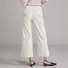 Maeve Anthropologie The Colette High Rise Wide Leg Crop Pants White Pink Bows 28