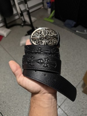 Chrome Hearts Belt Black And Silver Leather Crosses Buckle Unisex Size 28-34