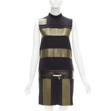 OLD CELINE Phoebe Philo khaki leather black panel gold belt dress FR36 S
